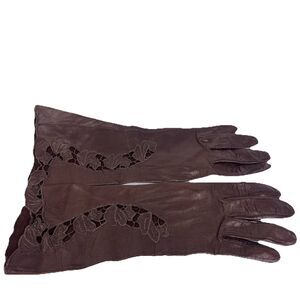 Vintage Italian Dark Brown Leather Gloves Cutout Gloves Glam Mid-Forearm